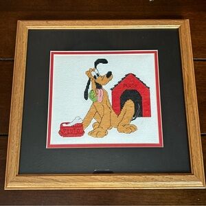 Vtg Complete framed Mickey Pluto doghouse Disney Counted Cross Stitch artwork